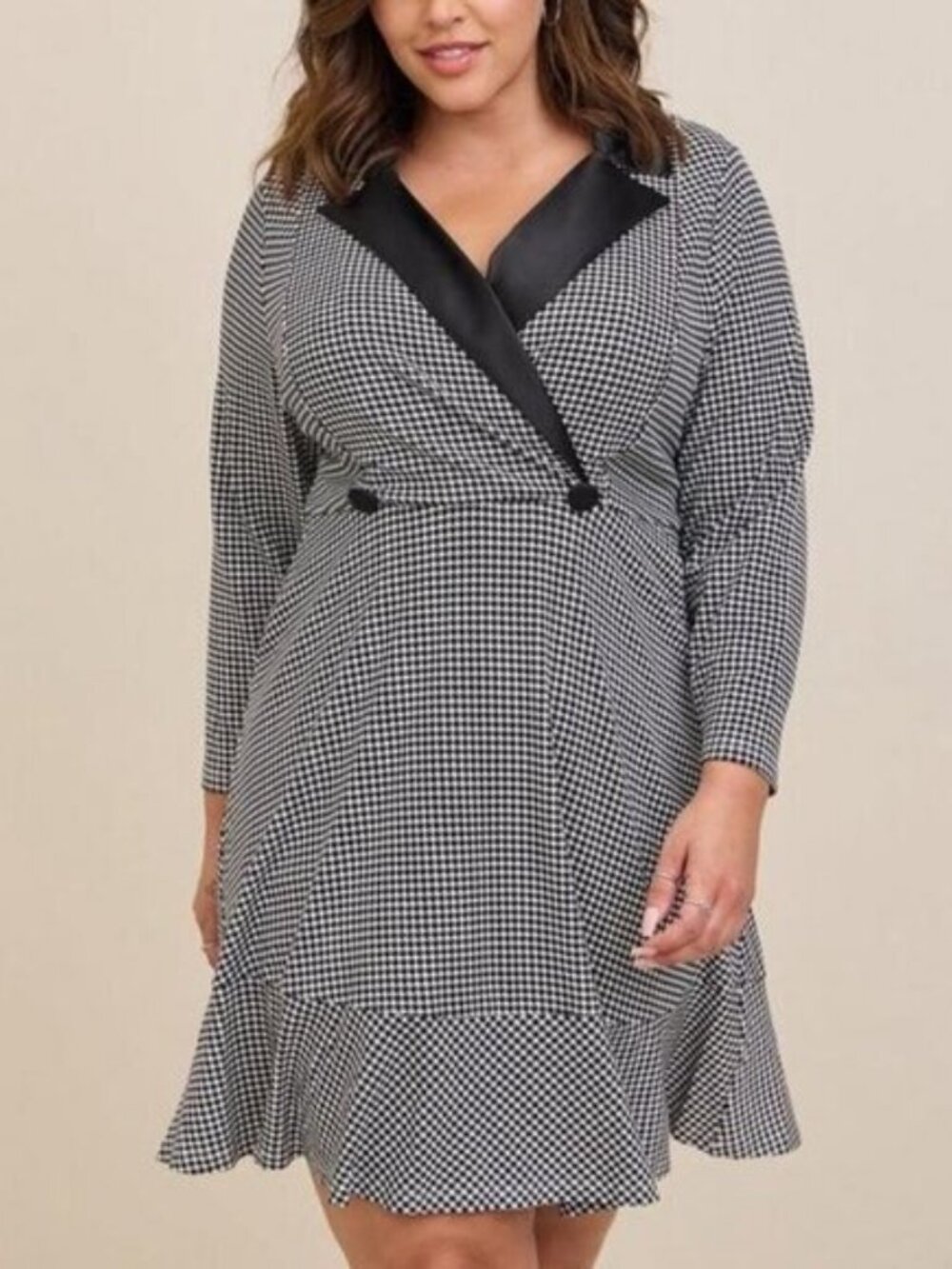Mini Stretch Satin Tuxedo Dress, Houndstooth